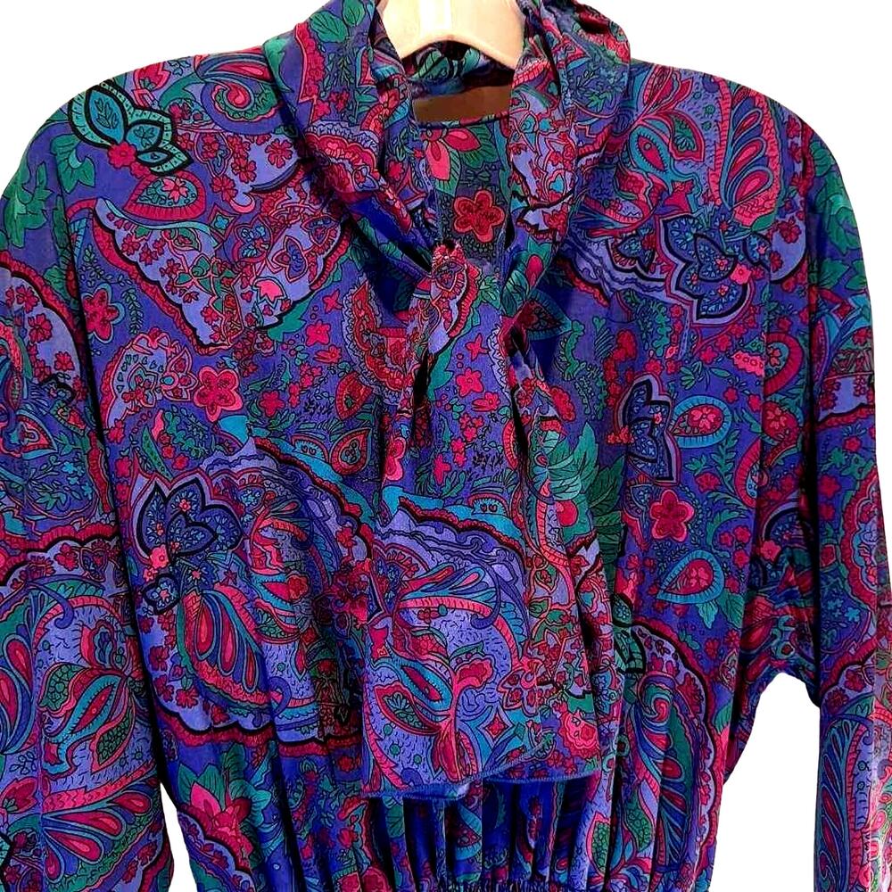 Malia Women's A Line Dress Purple Floral Elastic Waist Midi Long Sleeve Sz14